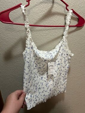 Cotton On White Floral Ribbed Tank Top with Blue Print
